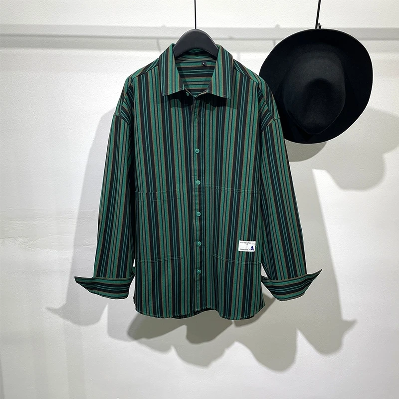 

Autumn fashionable men dark vogue retro green stripe loose long sleeve shirt street style high sense ruffian top