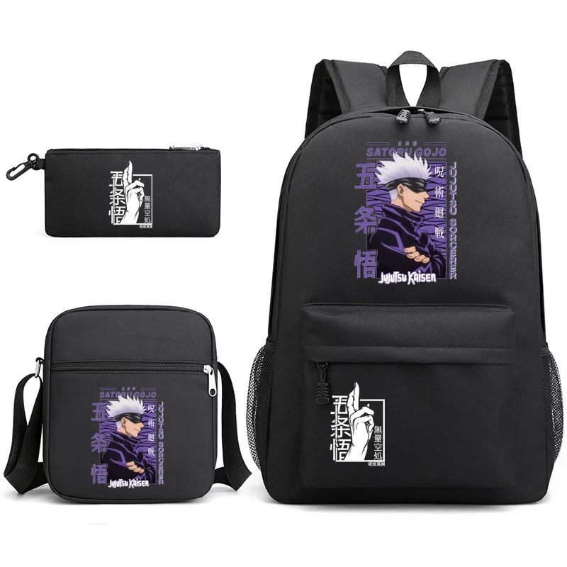 Anime Satoru Gojo Padrão Mochila, Bolsa de Ombro, Pen Bag, Laptop Bag, Alta Qualidade, Moda, Nova Escola, 3 Pcs