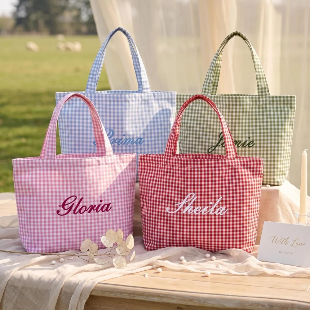 Customized Embroidered Name Gingham Check Tote Bag Personalized Plaid Handbag Bridesmaid Proposal Gift For Wedding Shower