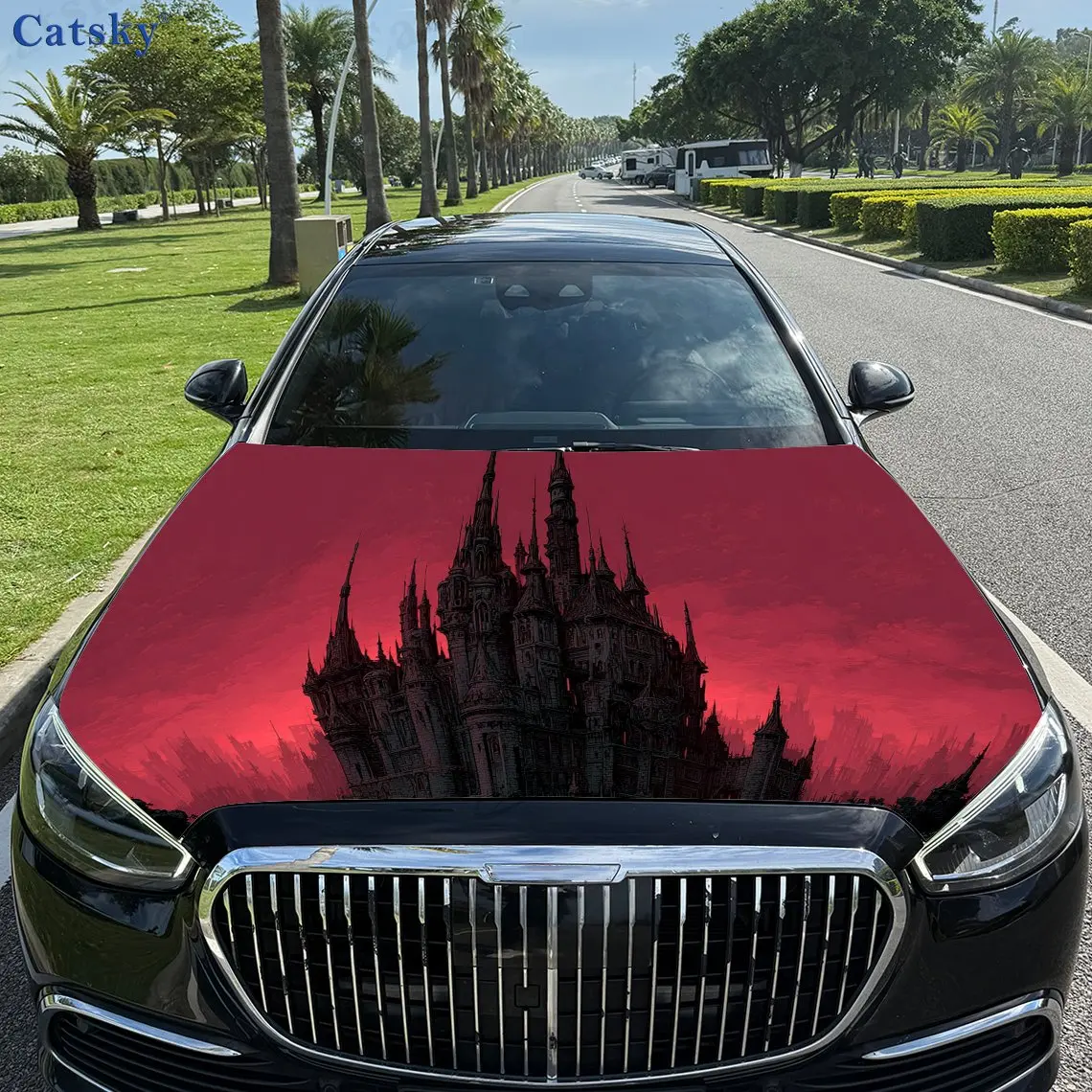 

Dark Artistic Scarlet Castle PVC Car Vinyl Wraps, Self-Adhesive Waterproof Car Hood Decal Sticker, Car Decoration Protection Sti