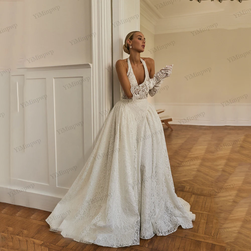 

Civil Sleeveless Lace Weddings Dresses Bridal Halter Neck Applique vestido de novia para boda A-Line Sweep Train Customized