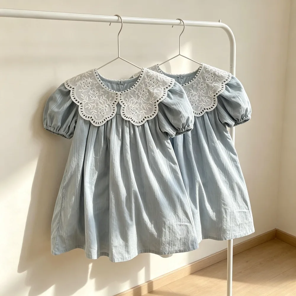 Toddler Girls Summer Lace Collar Dress Short Puff Sleeve Pleated A-Line Princess Dress Kids Baby Casual Cotton Linen Dresses