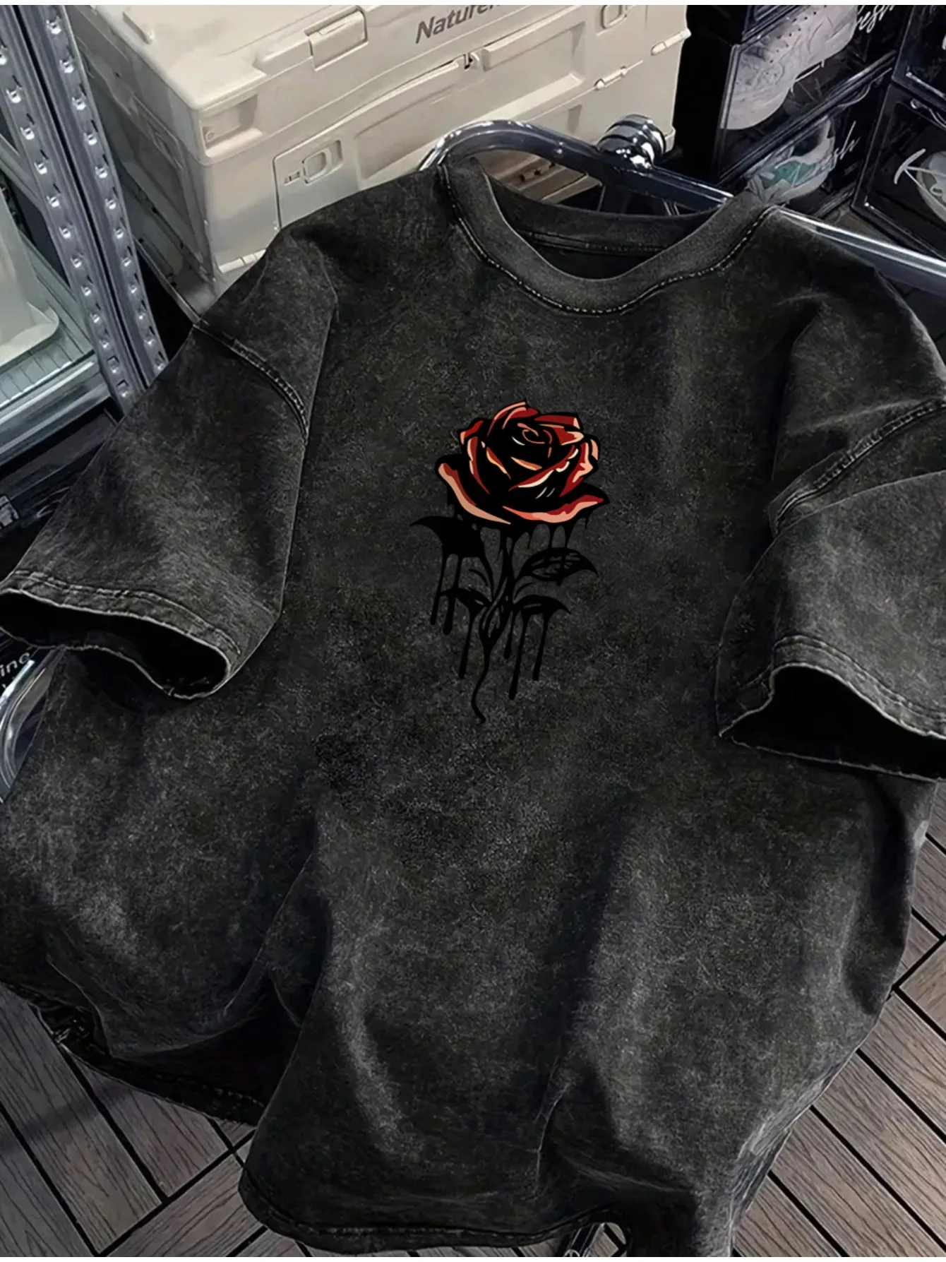 Summer Men's 100% Washed T-shirt Loose Simple Retro Rose Print Trendy Streetwear Breathable Comfortable Daily Versatile Items