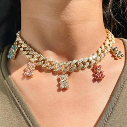 Hip Hop Personality Gold Color Cuban Link Chain Necklace for Women Girl Iced Out Crystal Acrylic Bear Pendant Necklace Jewelry