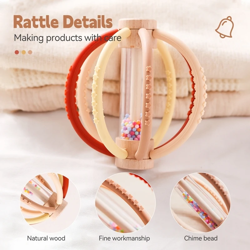 Houten babyrammelaar Regentrommel Siliconen zintuiglijk speelgoed Pasgeboren tandheelkundige zorg Molaire stok Montessori Educatief speelgoed voor baby-peuter
