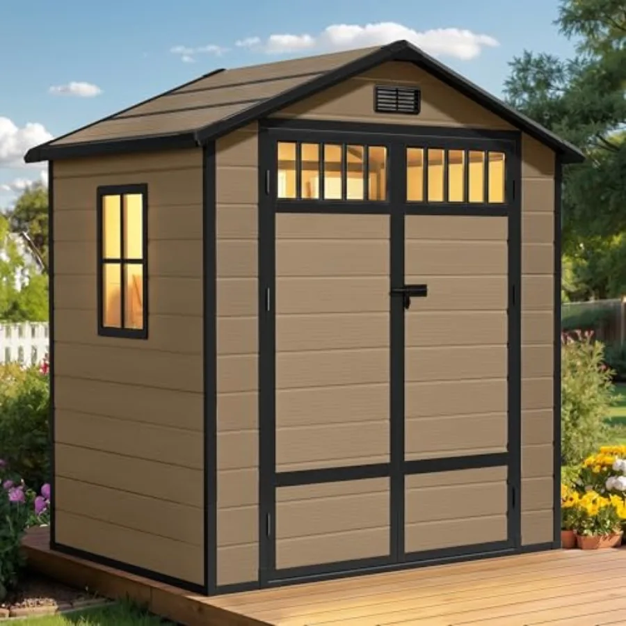 Outdoor storage shed: all-weather resin plastic, gray with windows, slanted roof and raised floor for garden tools/equipment st