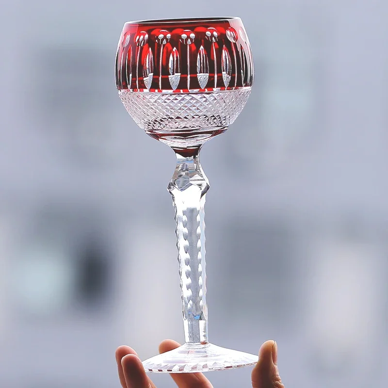 Premium Red Colored Crystal Glass Hand Cut Beautiful Pattern Red Wine Champagne Glasses for Party Wedding