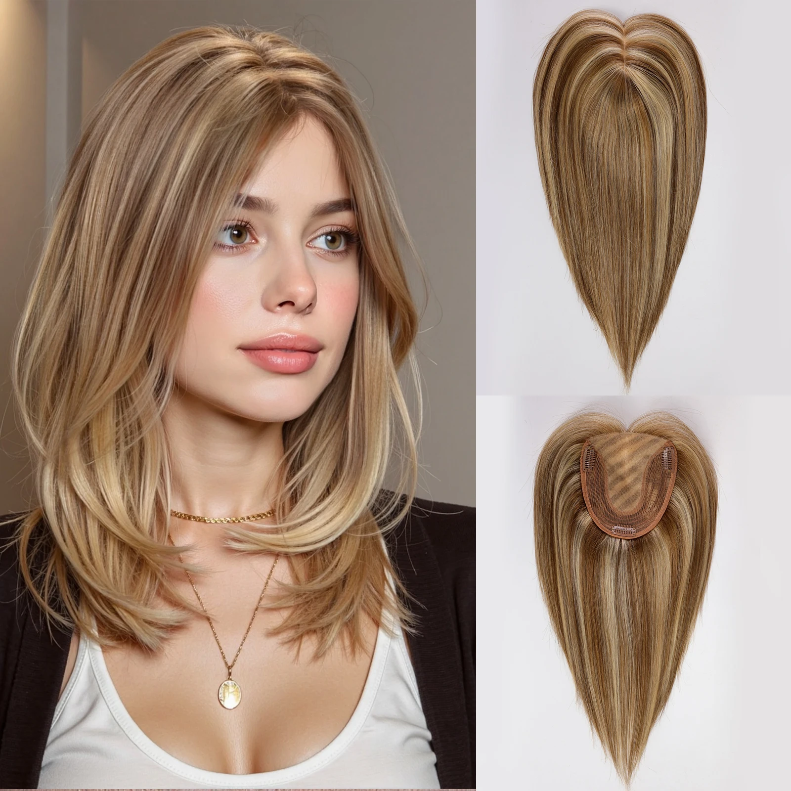 

Remy 100% человеческие волосы Топперы Шелковая основа Медово-коричневый блондин Intercolor Парик с зажимами Шиньон для женщин с истонченными волосами Ежедневно