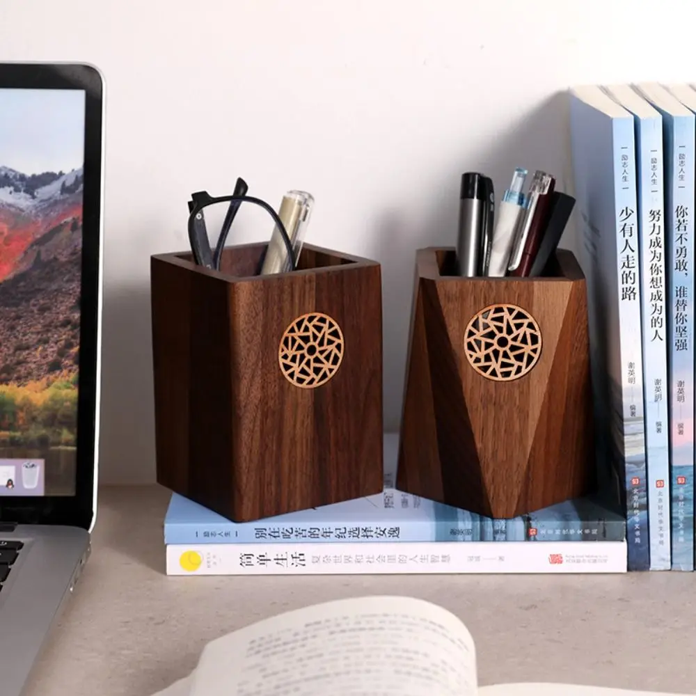 Multiple Use Wooden Pen Holder Vintage Square Shape Marker Pen Storage Cup Black Walnut Durable Wooden Pencil Box School