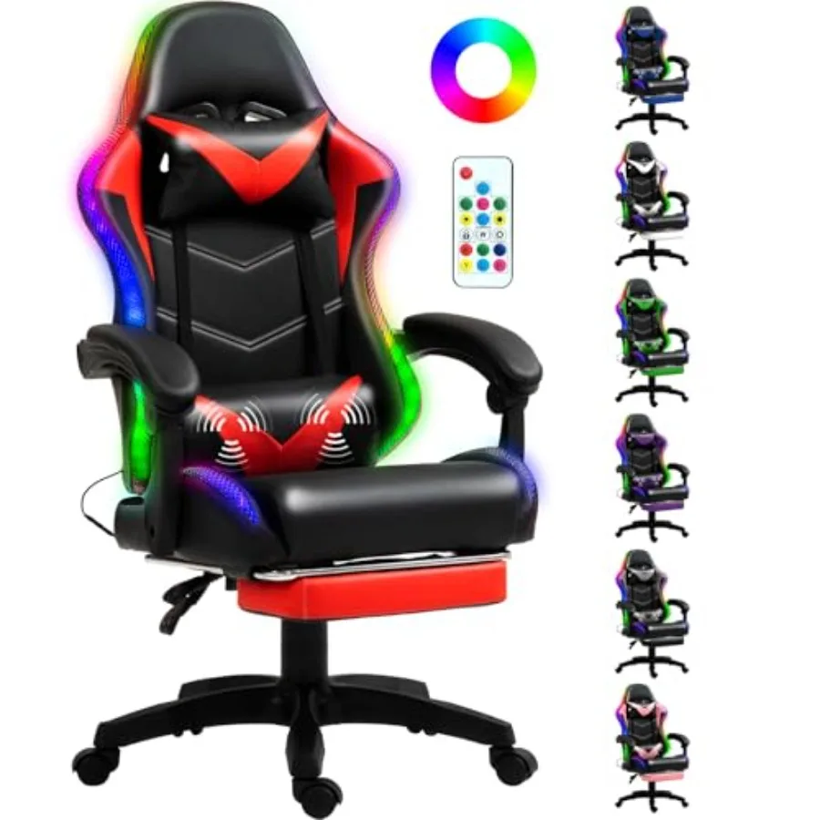 Gaming Chair Racing Style RGB LED Lights Gaming Chairs for Adults and Lumbar Massager Gamer Chair High Back Reclining Computer