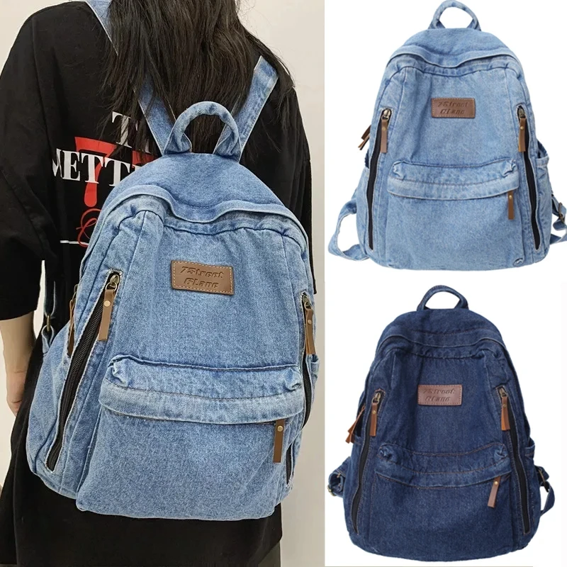 Escola tendência estudante jeans saco denim moda mochilas multi bolsos grande capacidade mochila de escola feminina