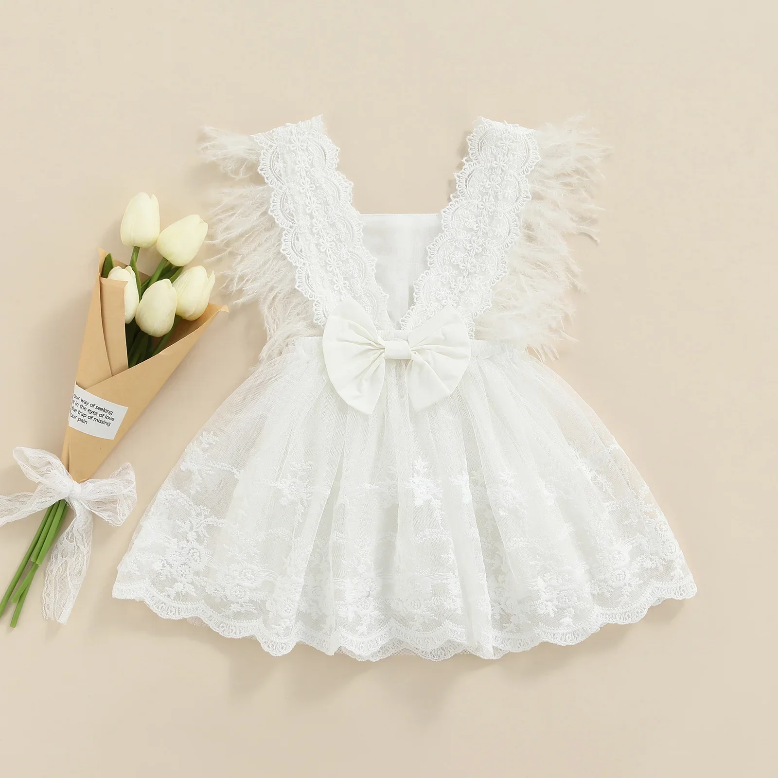 Toddler Baby Girl White Princess Dress Feathers Lace Ruffle Square Collar Tulle Lace Dress Cute Bow Backless A-Line Dress 0-24M