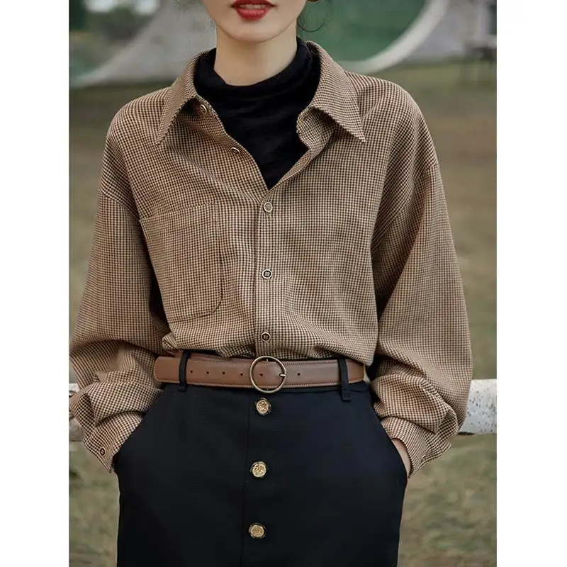 Autumn and Winter Woman Blouse HongKong Retro Style Long Sleeve Shirt Loose Niche Lattice Comfortable Leisure Basic Office Lady