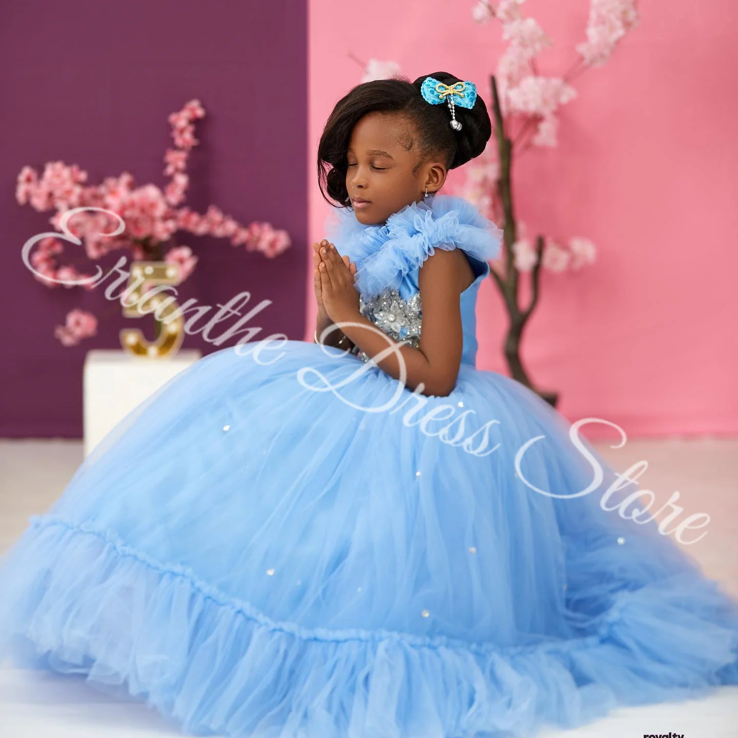 Elegant Sky Blue Tulle Puffy Applique Flower Girl Dress For Wedding Kids Birthday Party First Communion Ball Gowns Customized