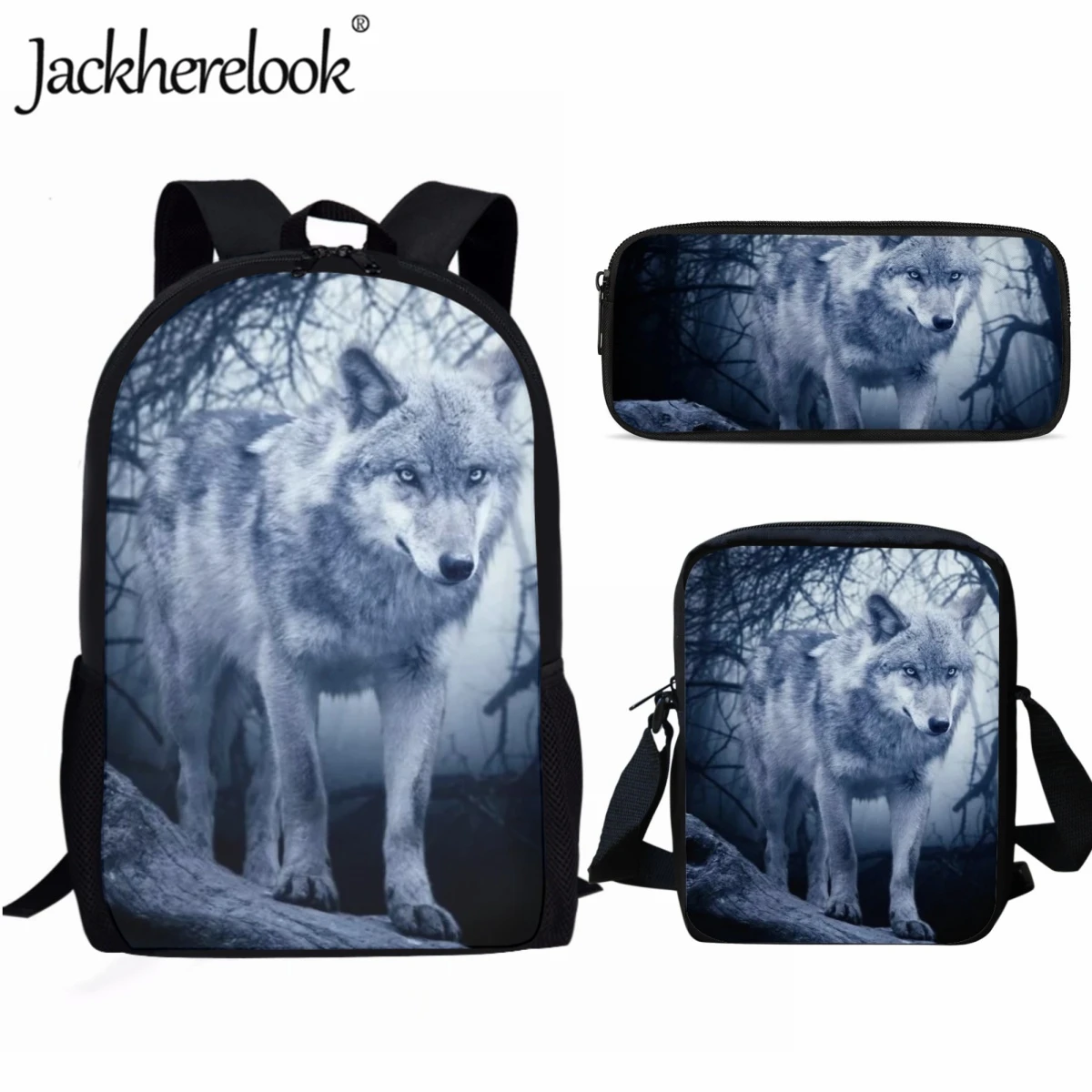 Jackherelook Cool Wolf Pattern 3D Printing Kids School Bag 3pcs Set Fashion School Backpacks College Student Laptop Bag Mochilas