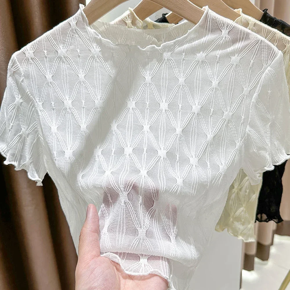 Short Sleeved Stretch Lace T-shirt Women S-XL Black White Tees Clothes Girl Elastic Ruched Wavy Edge T Shirt Female Blouses Tops