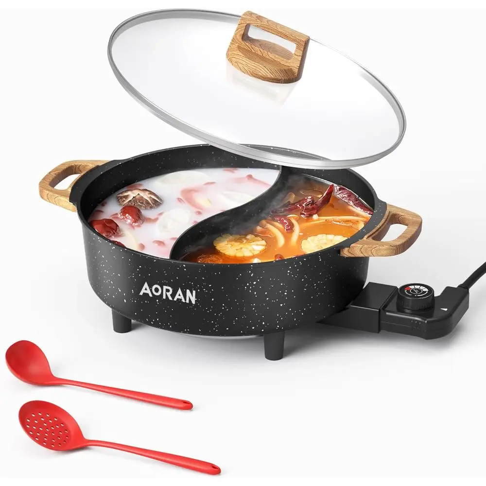 Electric Hot Pot with Divider, 1350W 8L Nonstick, Multi-Function Cookware for Shabu Shabu & More, Includes Accessories - Easy Cl