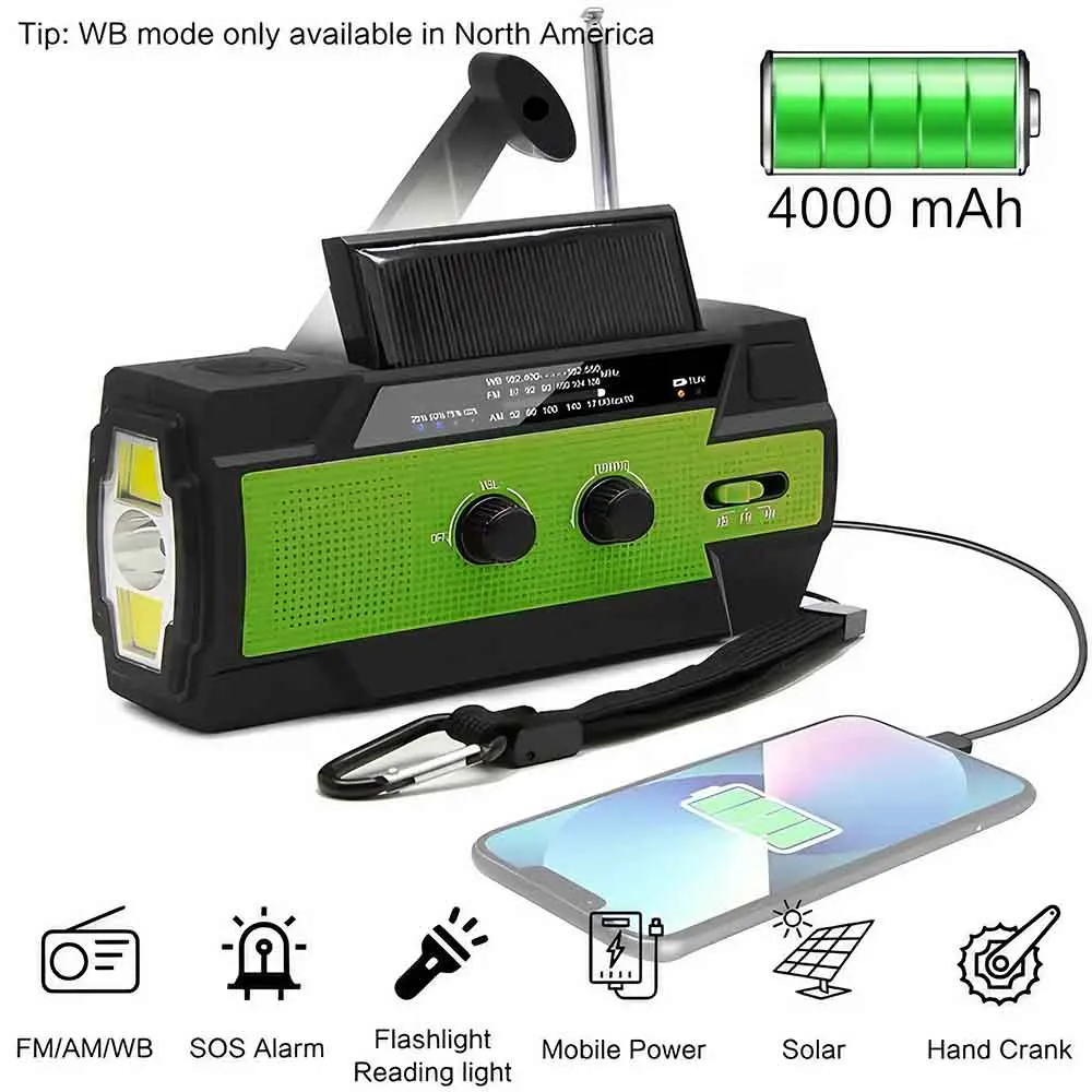 Portable solar hand crank AM/FM radio (for survival), rechargeable battery-powered radio, USB charger, flashlight, reading light