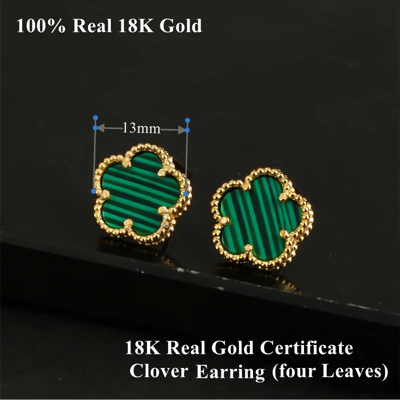 AU750 Real Gold 18K Gold Women\'s Earrings with Certificate Classic Jewelry High Quality Malachite Flower Fashion Jewelry Gift