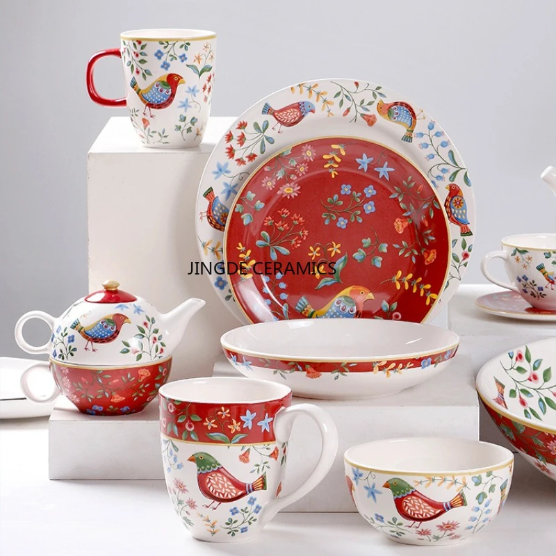 

1pc European Ceramic Red Flower and Bird Plate Mug Coffee Cup Kettle Pasta Plate Ceramic Tableware for Restaurants Noodle Bowl