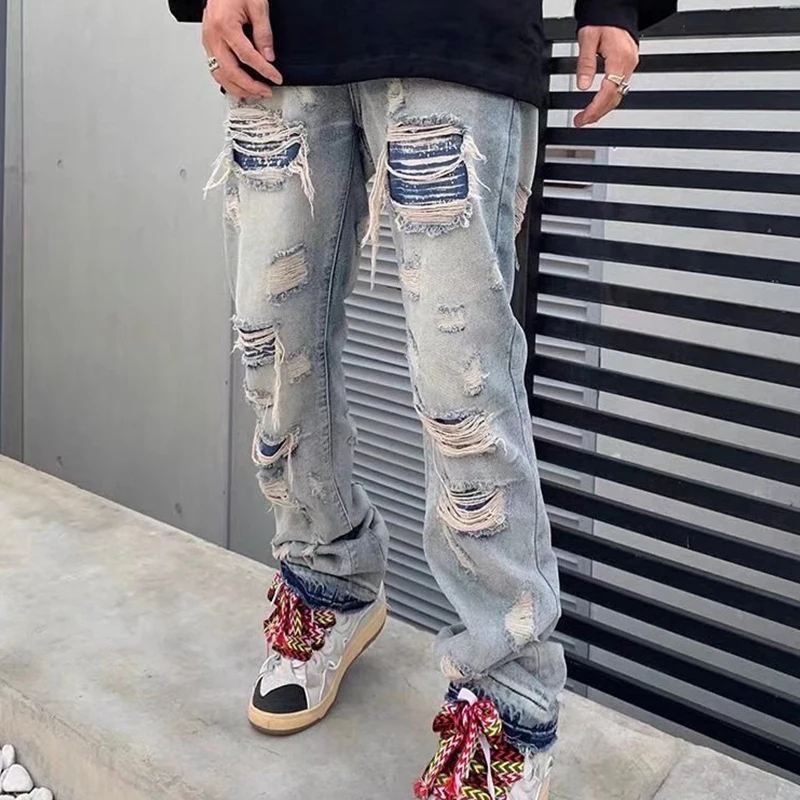 

Harajuku Hip Hop Holes Ripped Baggy Jeans For Men Streetwear Loose Micro Horn Denim Pants Fashion Clothing