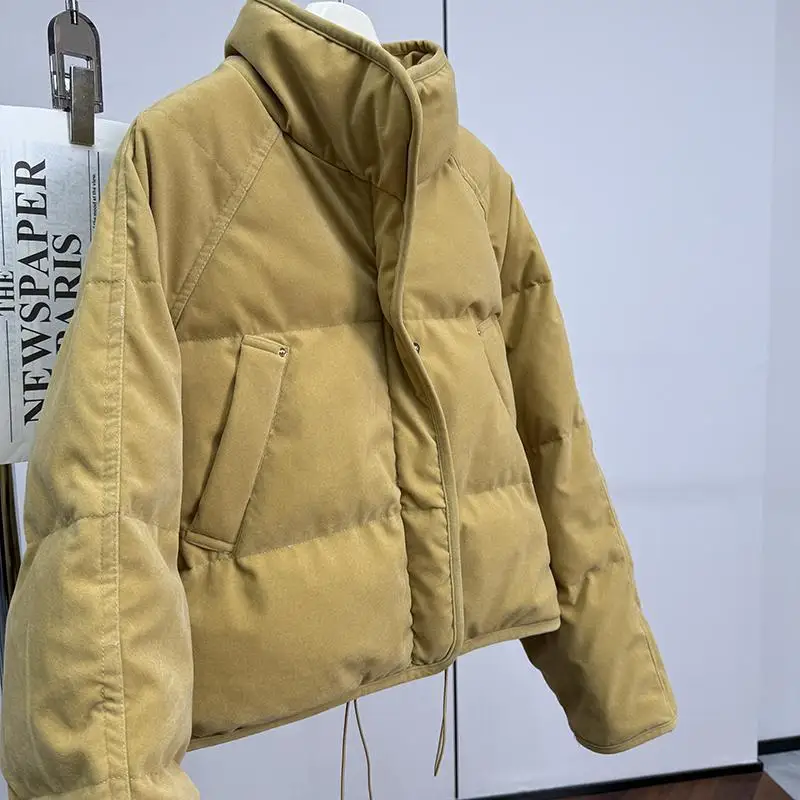 

Korean Style Women's Short Loose Bread Coat Yellow Stand Collar Winter Jacket Fashionable
