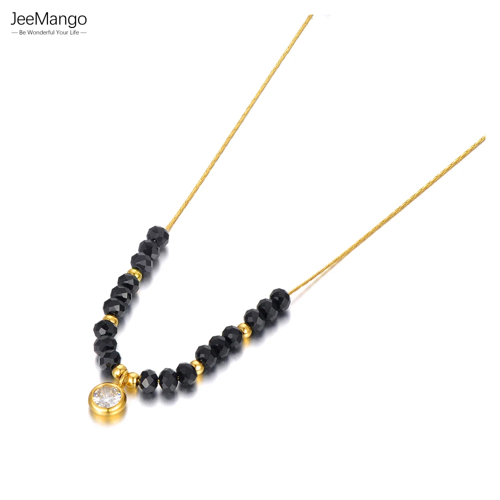 JeeMango Mode Schwarz Kristall Charme Anhänger Halsketten Edelstahl Runde Zirkonia Choker Halskette Für Frauen JN22097
