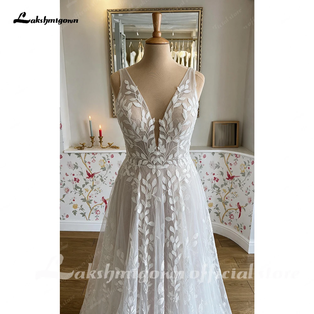 Lakshmigown Flügelärmel Blattspitze A-Linie Hochzeitskleid 2027 Tiefer V-Rücken Tüll-Brautkleid mit Kathedralenschleppe Maßanfertigung – Detail 7