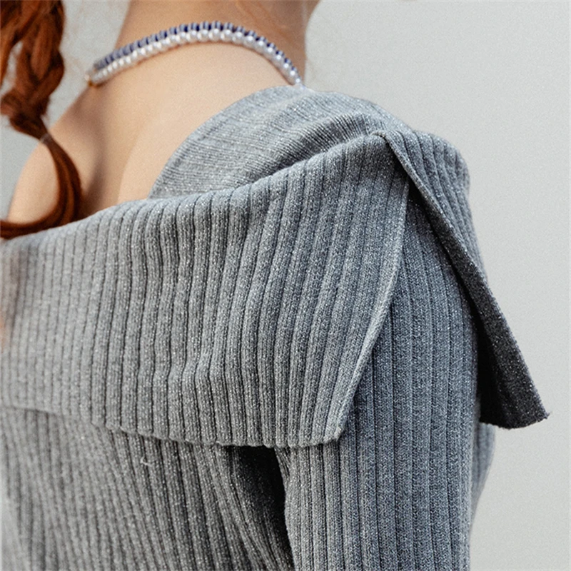 EGGKA Irregular Square Neck Knitwear Female Slim T-shirt Basics Solid Color Long-sleeve Knit Shirt 2024 Autumn New Gray T-shirts