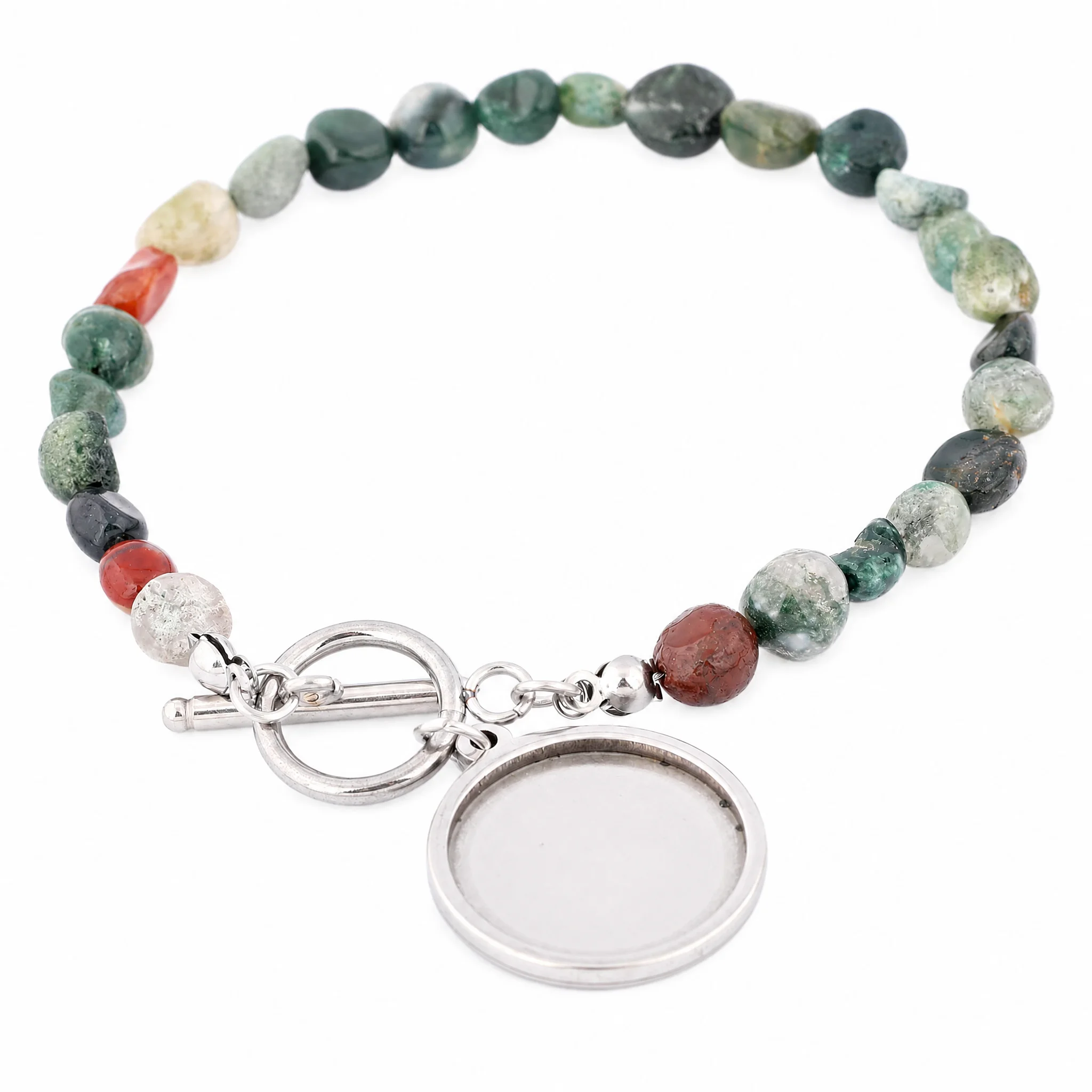 2pcs Natural Stone Beaded Bracelet Base Blanks Fits 20mm Round Stainless Steel Cabochon Bezel Pendant Tray Diy Jewelry Making