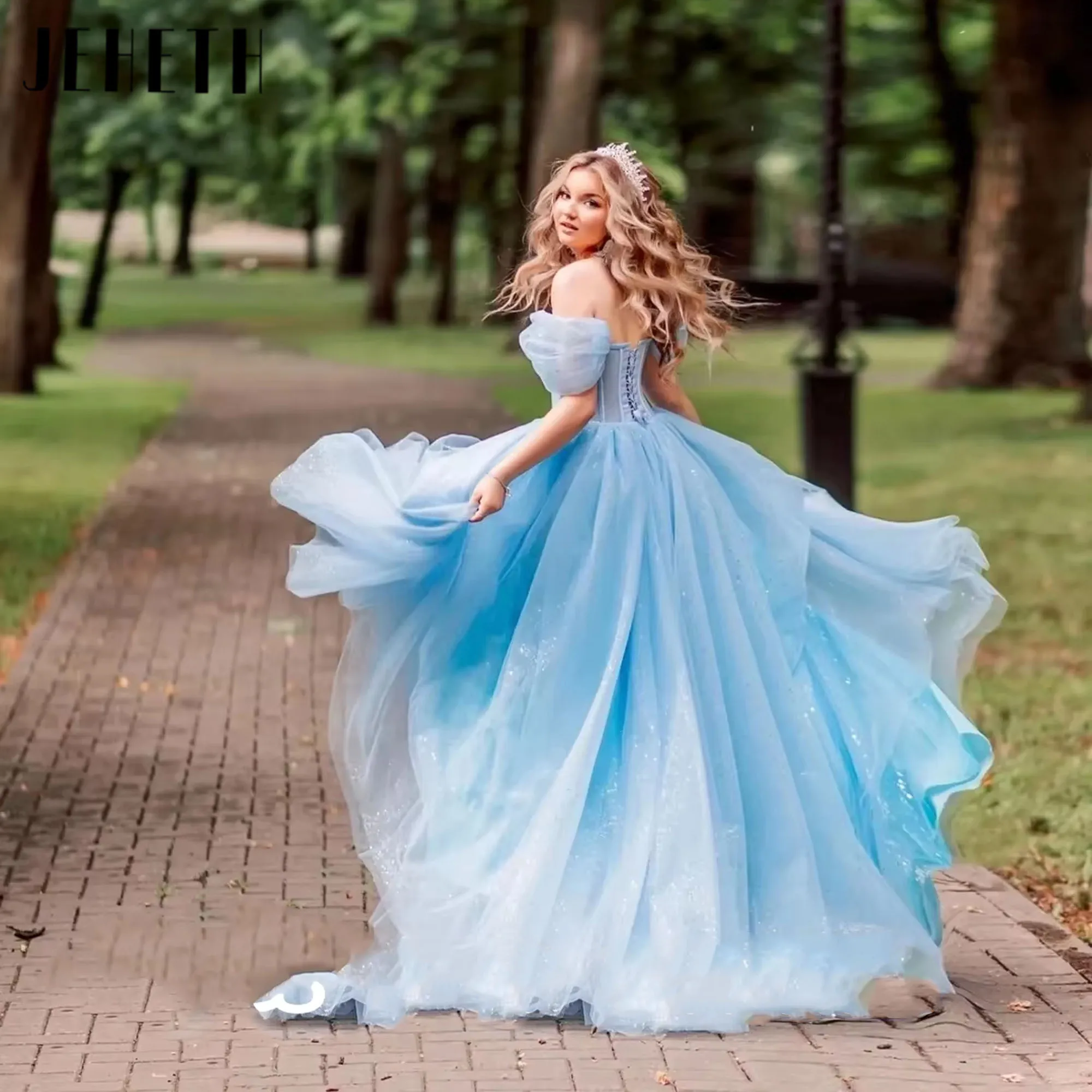 Prinses Blauw A-lijn Off Schouder Sweetheart Galajurk Glanzend Korset Lace up Tule Verjaardagsfeestje Jurk Quinceanera Gewaad Op maat
