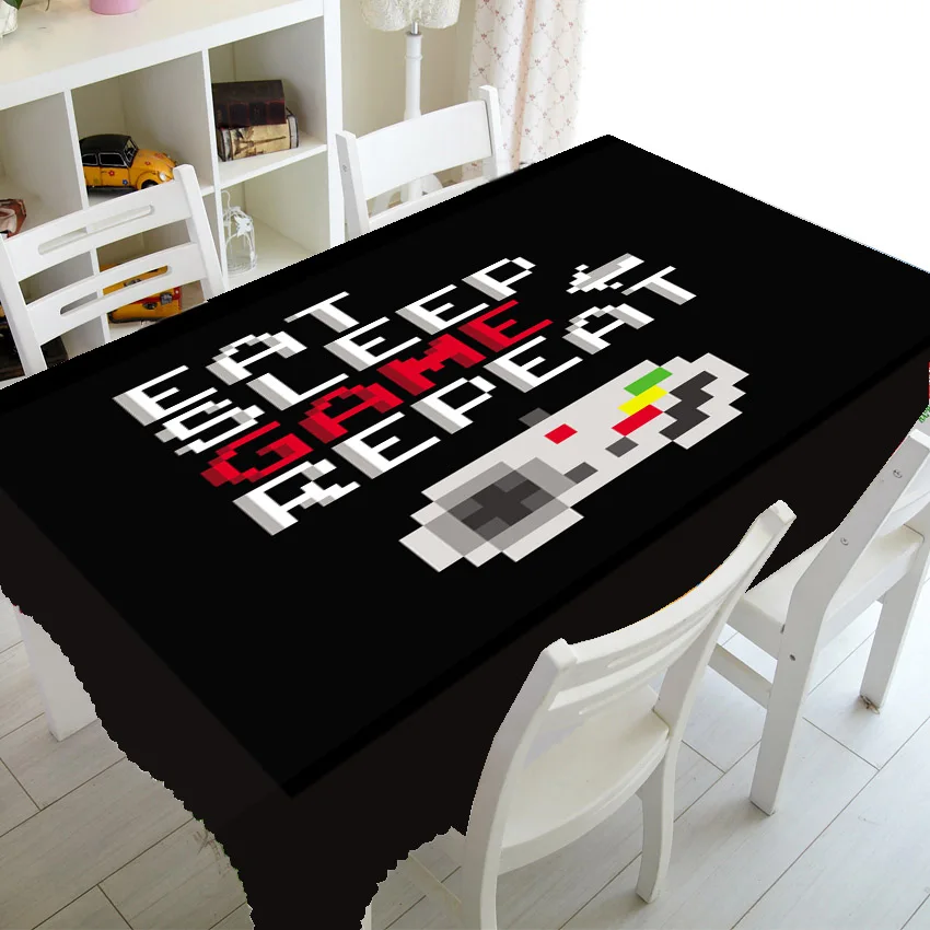 Black White Video Games Controller Home Decor Eat Sleep Game Repeat Gaming Tablecloth Table Cloth Cover Waterproof Kitchen Gift