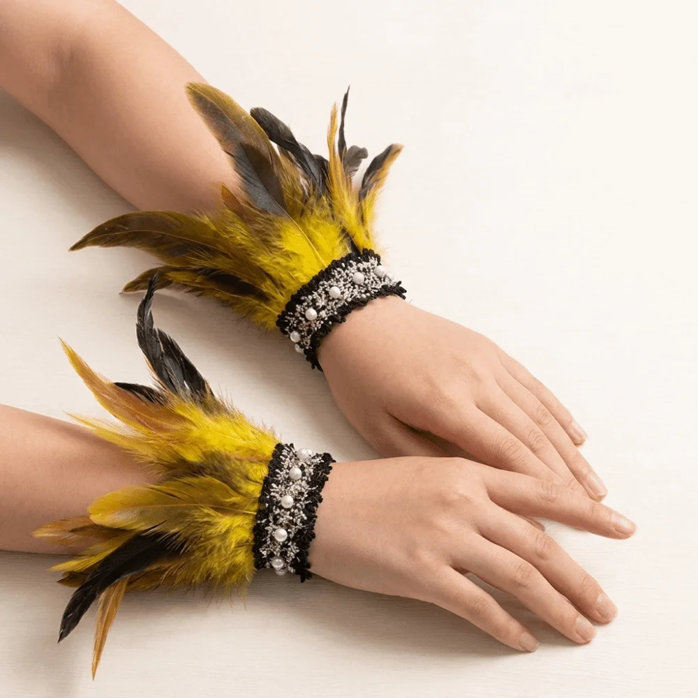 Fashion Lace Feather Wrist Cuffs Pearl Adjustable Halloween Arm Cuff Gloves Gothic Wristband Cosplay