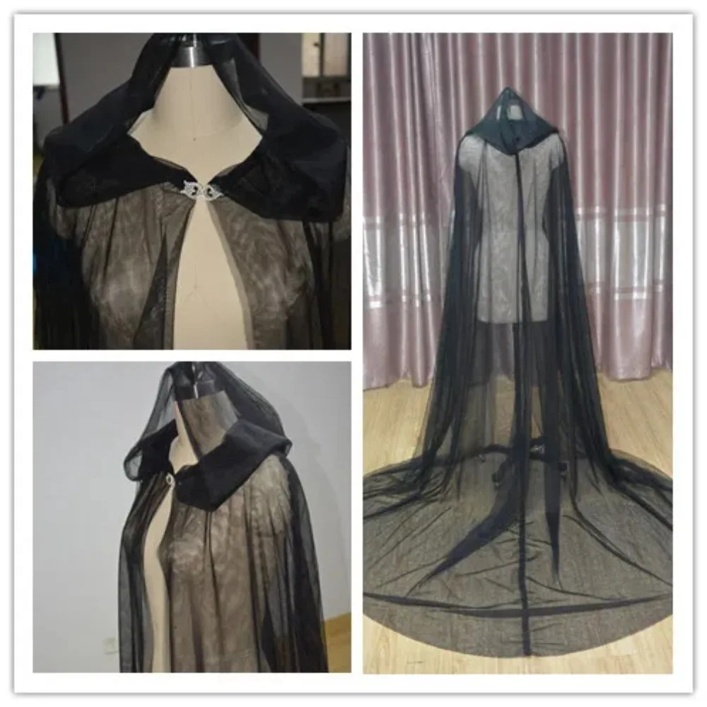 

Hooded cloak Bride tull ecape wrap Cosplay costume bolero formal wedding cape bridal long jacket black shawl wedding accessory