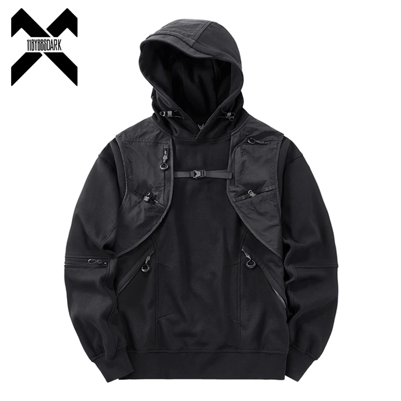 Men's Techwear Fake Two-Piece Hoodie 2025 Autum Harajuku Tactical Functional  Pullover Streetwear Hooded Sweatshirt Tops Black