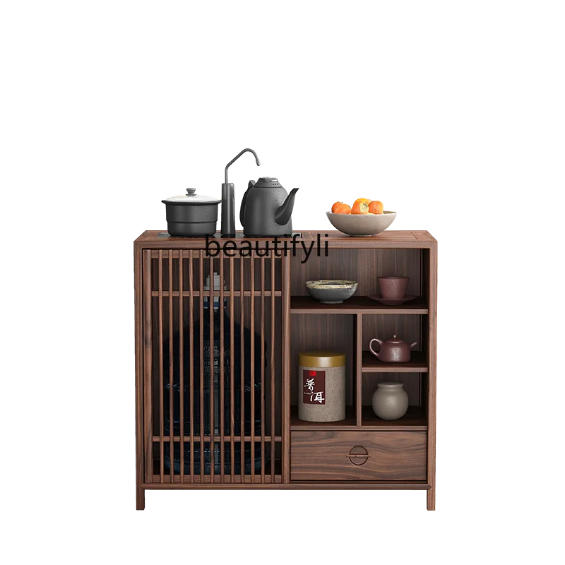 

New Chinese Style Tea Cabinet North America Black Walnut Solid Wood Boiling Cabinet Home Storage Rack Old Elm Side Table