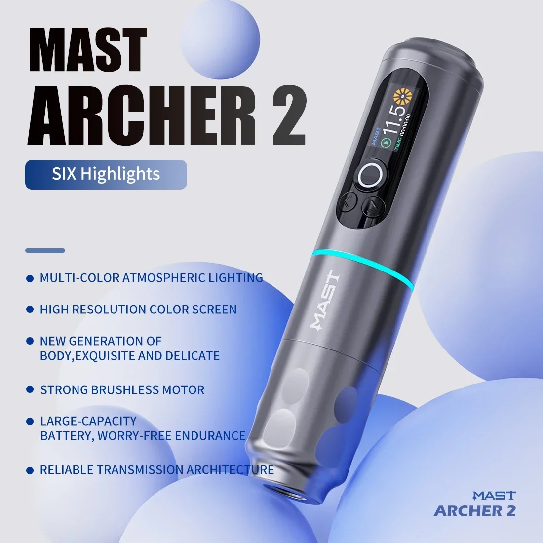 

Mast Archer 2 Tattoo Wireless Machine Brushless Motor HD Color Screen 2000mAh Battery Capacity Wireless Tattoo Pen