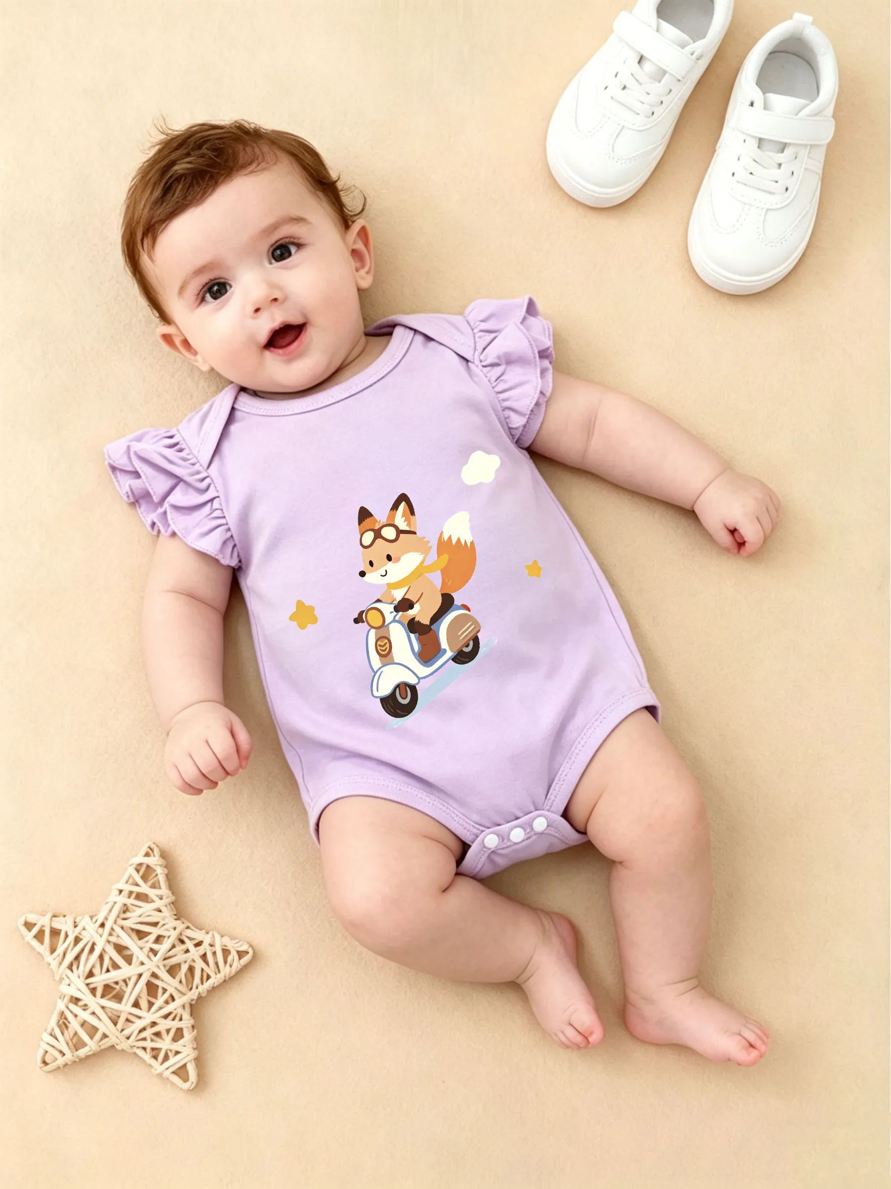 

Daily Casual Baby Romper Fox Riding Motorcycle Print Light Purple Ruffle Sleeve Style
