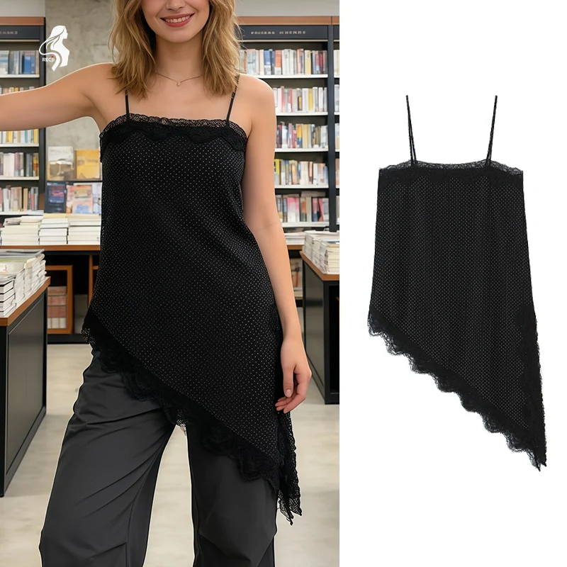 

Woman Clothes Tops Polka Dot Lace Slim Strap Women S Top With Irregular Hem Skirt Design Sexy Elegant Casual And Work Friendly