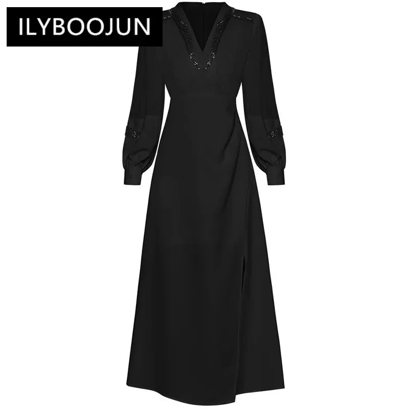 

ILYBOOJUN New Fashion Designer Women's Spring 2024 New V-Neck Lantern Long-Sleeved Nail Beads Pleated High-Waisted Split Dress