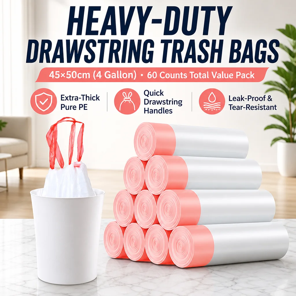 Trash Bags Drawstring Garbage Bags 45×50cm Heavy Duty PE Bin Liners, Leak Proof Tear Resistant Waste Bags for Home Kitchen Offic