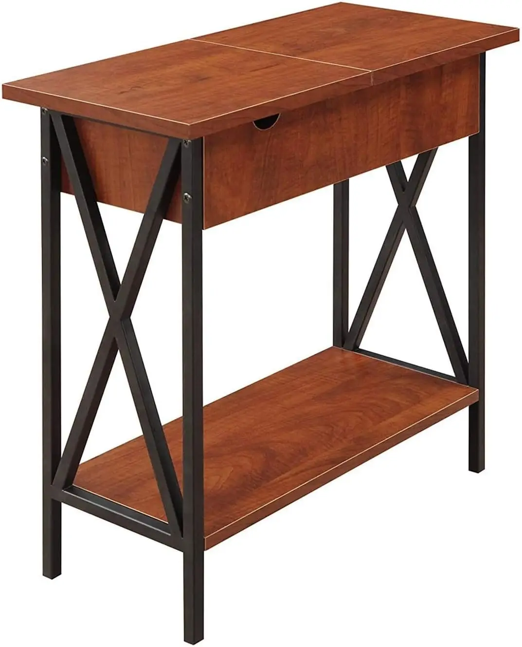 

Cherry Wood Flip Top Table with Black Metal Frame, Spacious Storage and Charging Station