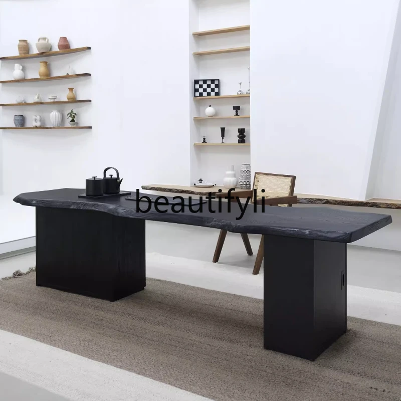 

wabi sabi medieval carbonized black solid wood tea table, designer desk log special-shaped large board tea table
