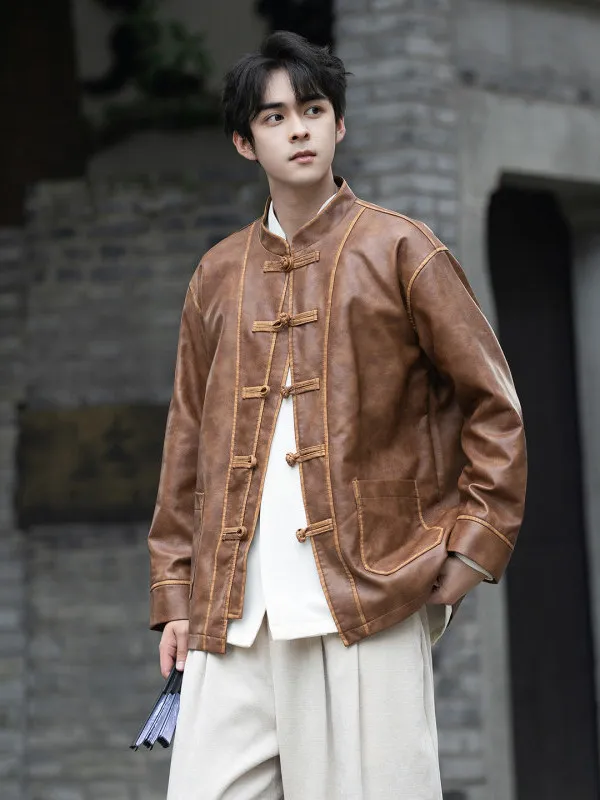 

Tangz Studio Handmade PU Leather Jaet Loose Fit Stand Collar Chinese Retro Sle National Trend Tang Costume Outerwear