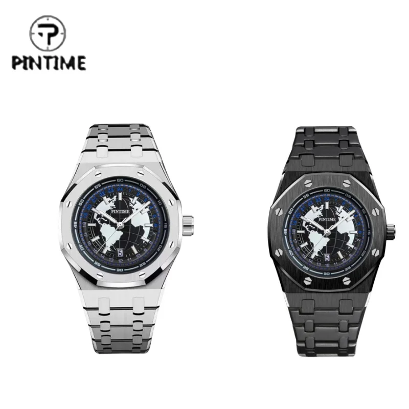 

PINTIME Watch Multifunctional Earth Men's Watch Waterproof Luminous Calendar Steel Strip Quartz Watch Automatic Watches For Men