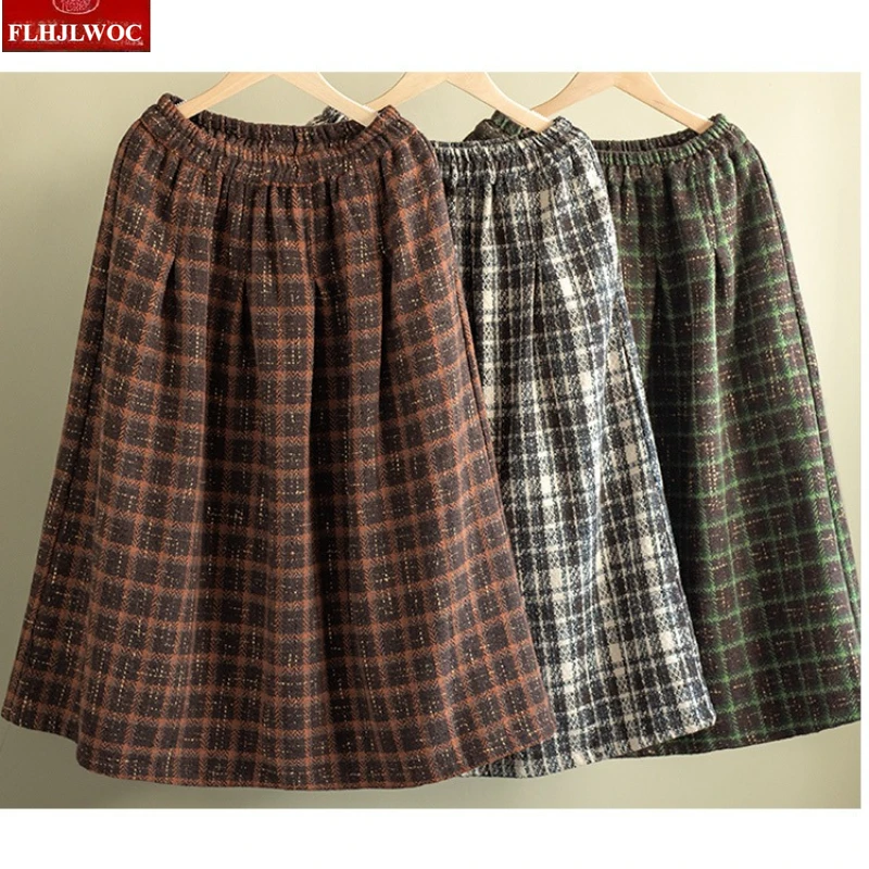 Art Mori Girls Woolen Skirts New 2025 Autumn Winter Basics Woman Cute Sweet Japanese Preppy Style Retro Vintage Long Plaid Skirt