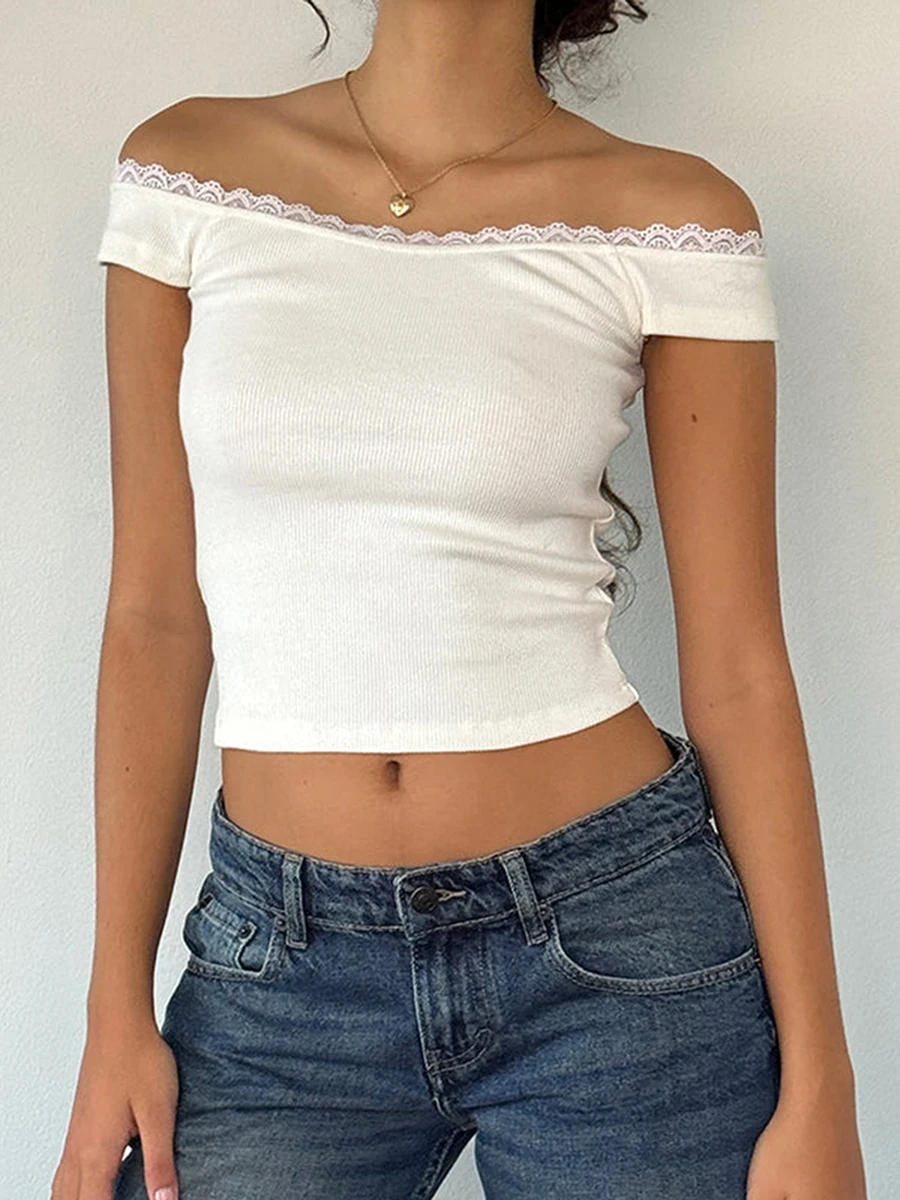New Women T-Shirts Lace Trim Ribbed Short Sleeve Boat Neck Off Shoulder Shirts Summer Casual Slim Fit Tops Streetwear S M L