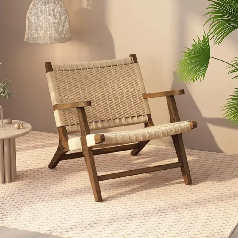 Rope Woven Solid Wood Lounge Chair, Nordic Balcony Leisure Chair