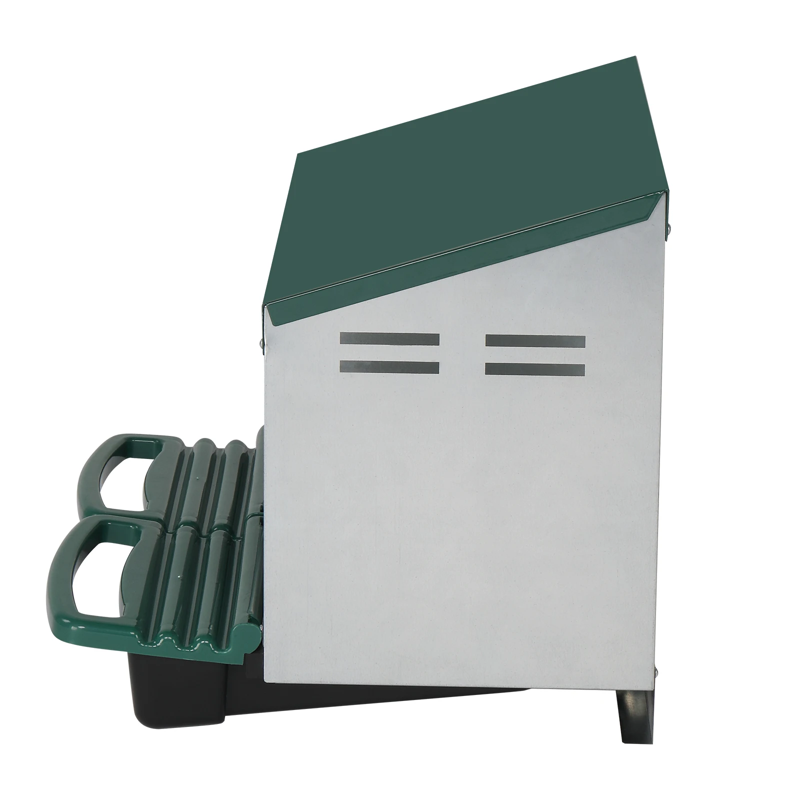 

2 compartments 54 * 52 * 47cm sloping roof house, iron + plastic, green, chicken feeding trough