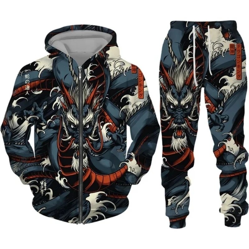 New Vintage Golf Dragon Zipper Hoodie Men Tennis Tracksuit Y2k 3D Printed Casual Sweatshirt Set Hip Hop Streetwear Clothing